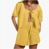 Summer Vintage Plaid Outfit Loose V Neck Puff Sleeve Front Tie-Up Blouse Top Shorts Women 2 Piece Set