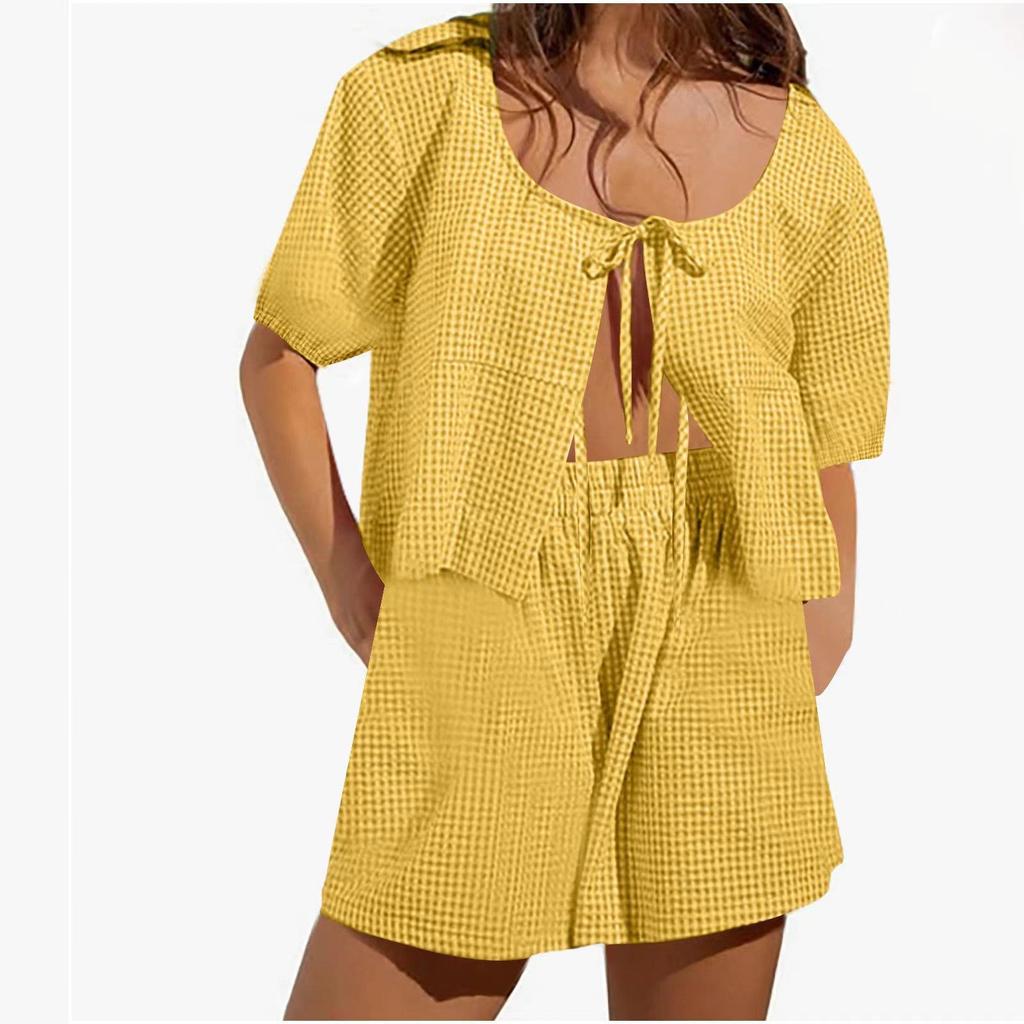 Summer Vintage Plaid Outfit Loose V Neck Puff Sleeve Front Tie-Up Blouse Top Shorts Women 2 Piece Set