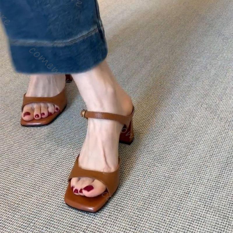 Fashion Comemore Women Summer Square Head Slippers Fashion Open Toe Chunky Heel Sandals Ladies Elegant Banquet Party Dress High Heels