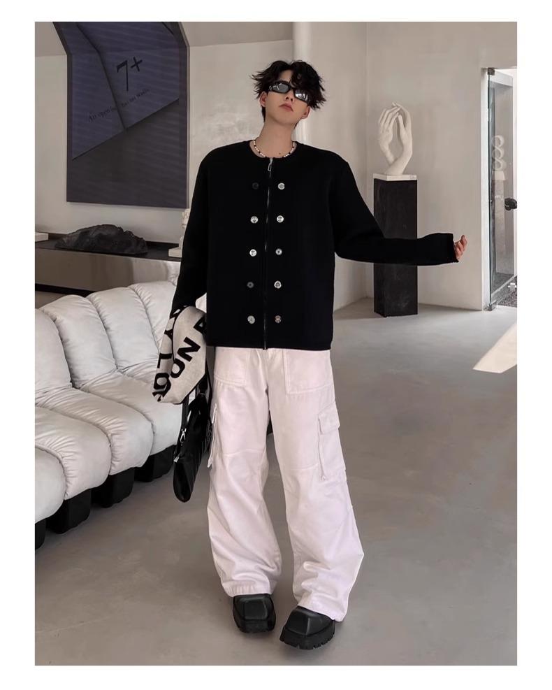 Męski kardigan dzianinowy z wysokiej półki, zapinany na zamek, z okrągłym dekoltem - Jesienno-zimowy styl leniwy