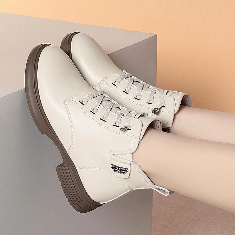 Low-heeled Martin boots women's new autumn and winter soft-soled leather shoes fleece warm British short boots    women's shoes