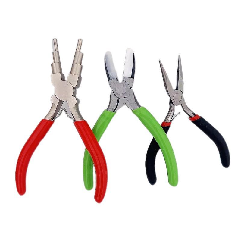 Six-Step Jewelry Wire Pliers Set: Round Nose, Needle Nose, 6-Step Loop, Bent Nose, and Nylon Pliers.