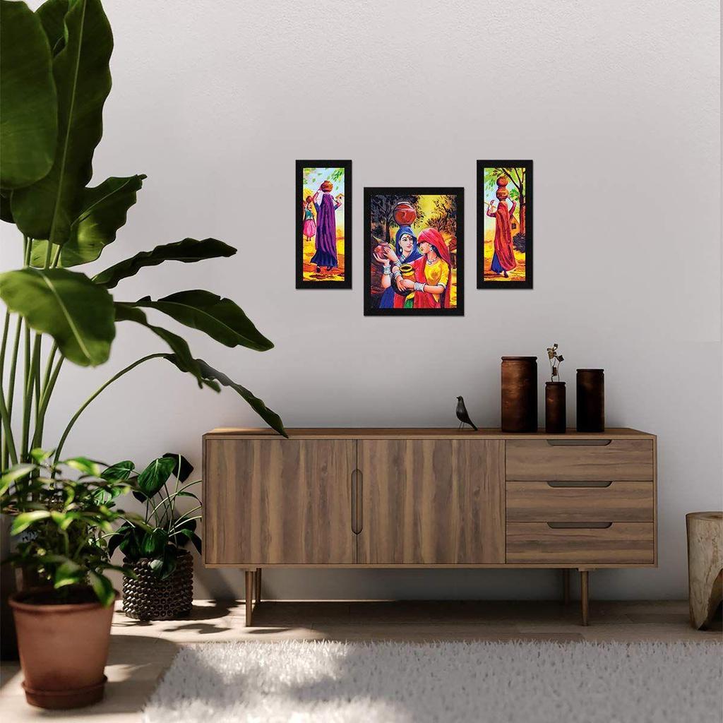 Paper Vastu Indian Village Scene Women Wall Art Painting, Multicolor, Indian Villlage, 13.0 X 22.0 Inches, Set of 3