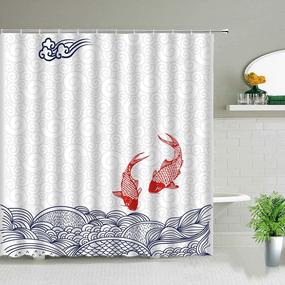 Modern Chinese Style Koi Fish Scenery Shower Curtain Bathroom Screen Waterproof Fabric Background Wall Decor Hanging Curtains