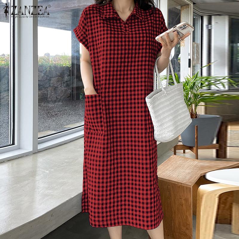 

ZANZEA Women Casual Turn Down Collar Grid Print Short Sleeve Shirt Dress S