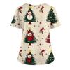 Women's Short Sleeved Christmas Printed V-neck Buttonable Side Slit Top T-shirt