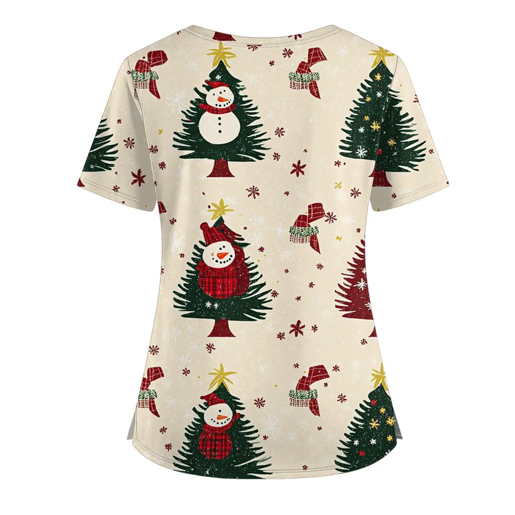 Women's Short Sleeved Christmas Printed V-neck Buttonable Side Slit Top T-shirt