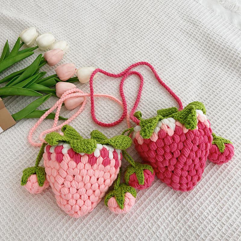 Adorable Korean Style Knitted Strawberry Crossbody Bag For Girls Soft Plush Design