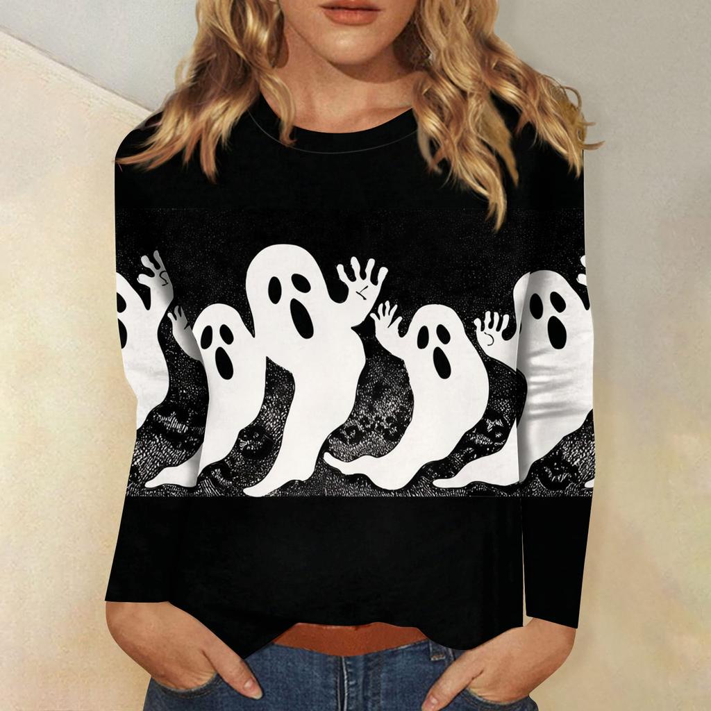 Women's Long-sleeved Loose-necked Halloween Print Casual Top , Suitable for Holiday Parties