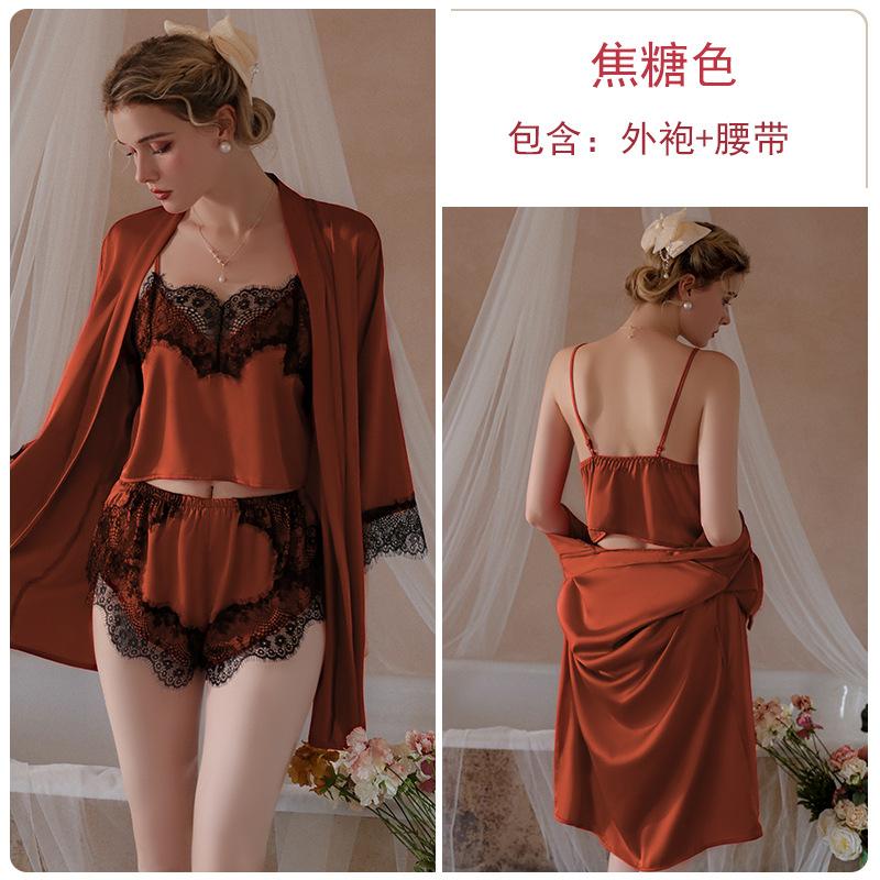 Women's Solid Satin Lace Cami Top Shorts with Robe Lounge Set
