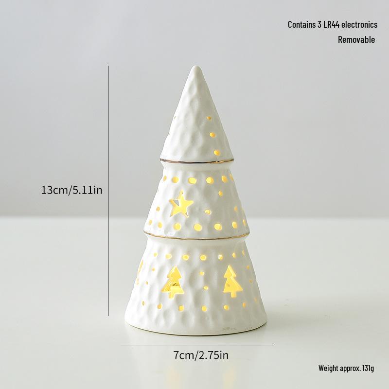Ceramic Christmas Tree Night Light with Gold-Edged Hollow Stars & Snowflakes - Home Festival Decoration