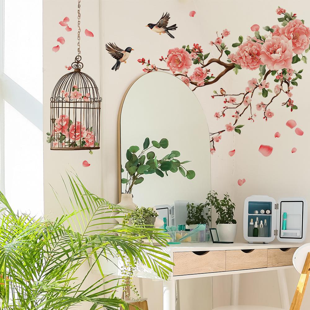 Enkel persikoblomgren Fågelbur Sovrum Vardagsrum Bakgrundsutsmyckning och Dekorativa Väggklistermärken