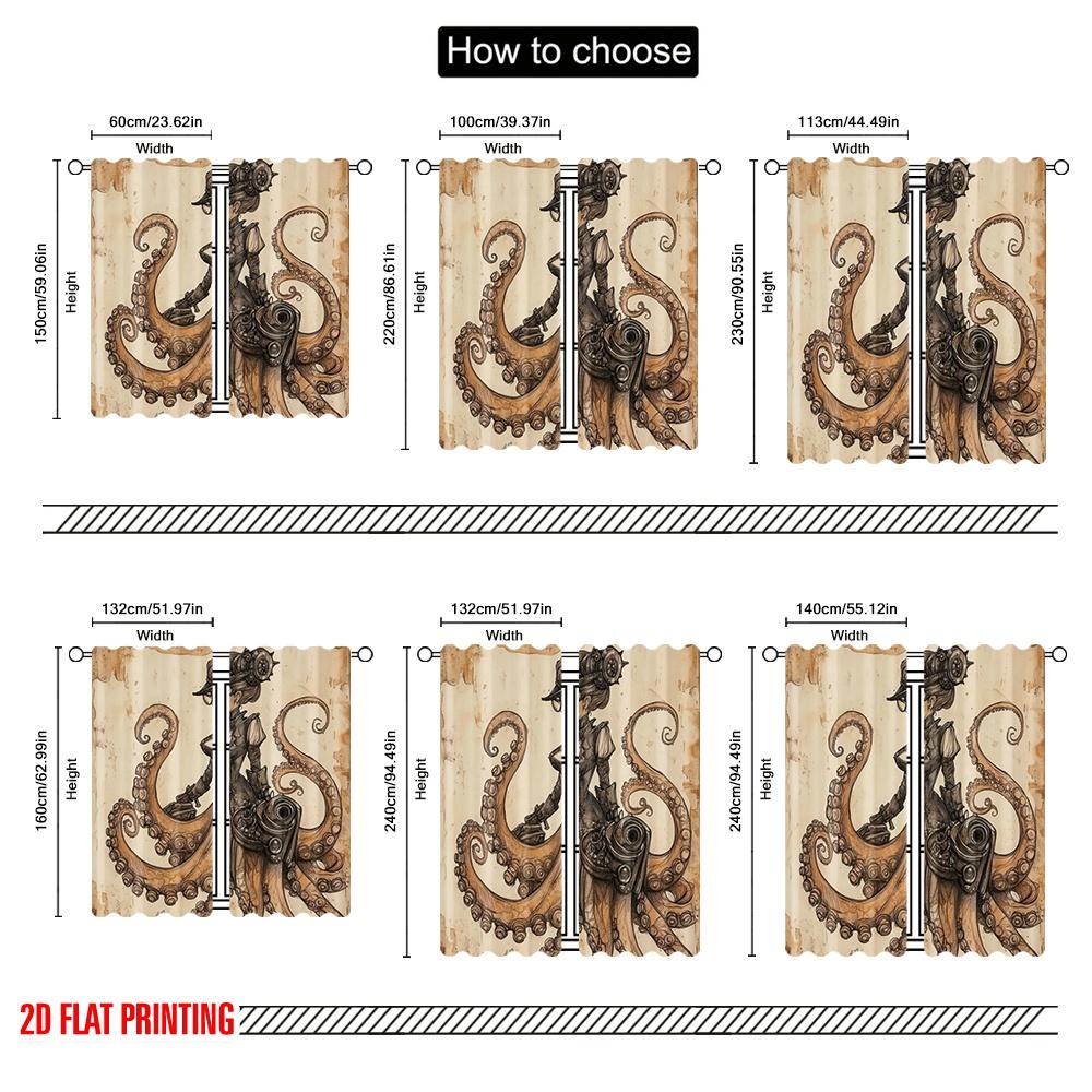 2pcs,2D Plane Printing Curtains Roller Blinds Steampunk Octopus Polyester Woven (without Rod) Art Deco Festive Use for Bedroom &