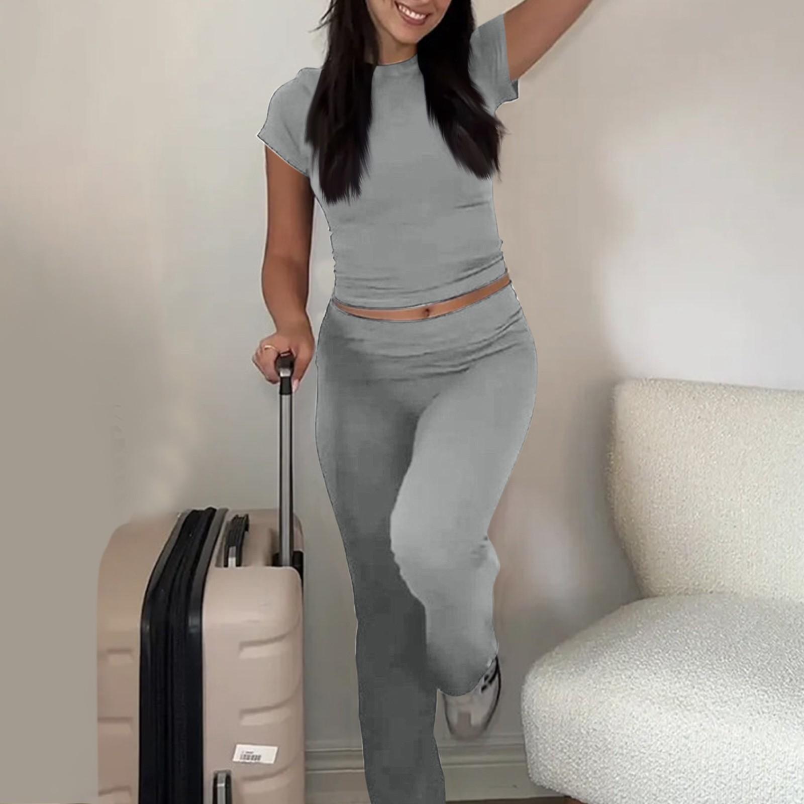 

Женский модный однотонный комплект с круглым вырезом и короткими рукавами, широкие брюки XL серый