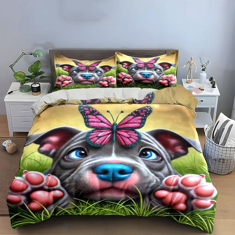 Dog Butterfly Decor Three-Piece Soft Comfortable Duvet Cover Bedding Set Included 1*Duvet Cover & 2*Pillowcases, Gift