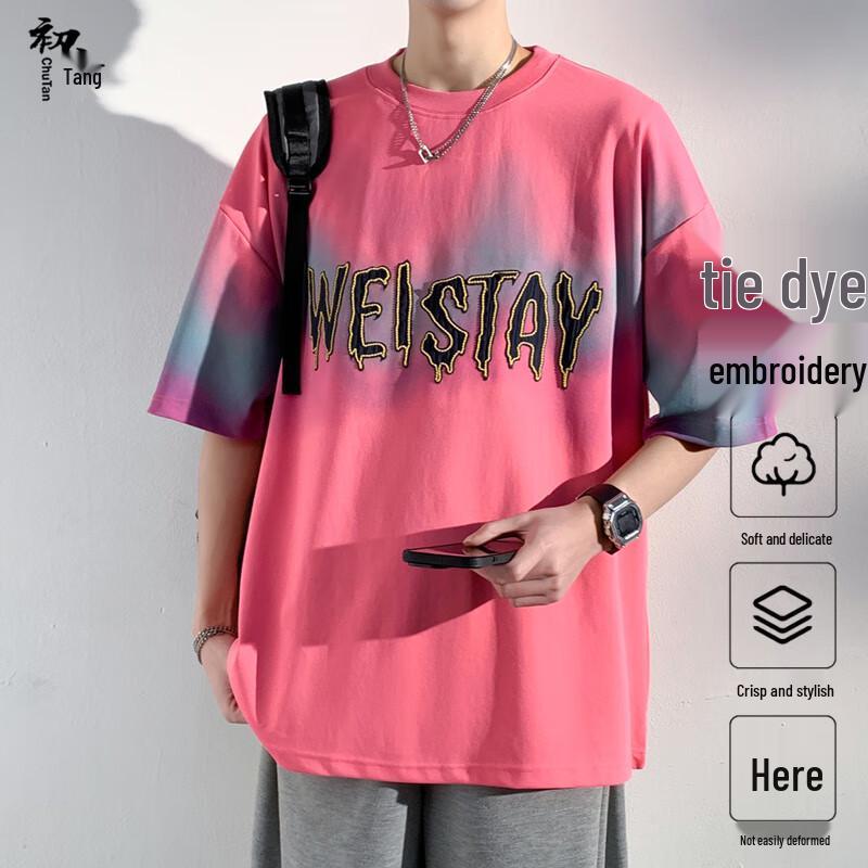 Chutang Men s Heavyweight Embroidered Tie-Dye Gradient Loose Fit Half-Sleeve T-Shirt XL