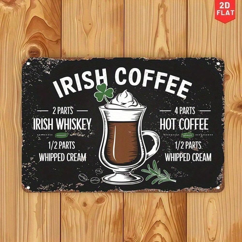 Vintage Irish Coffee Recipe Metal Wall Poster, Retro Bar Decor