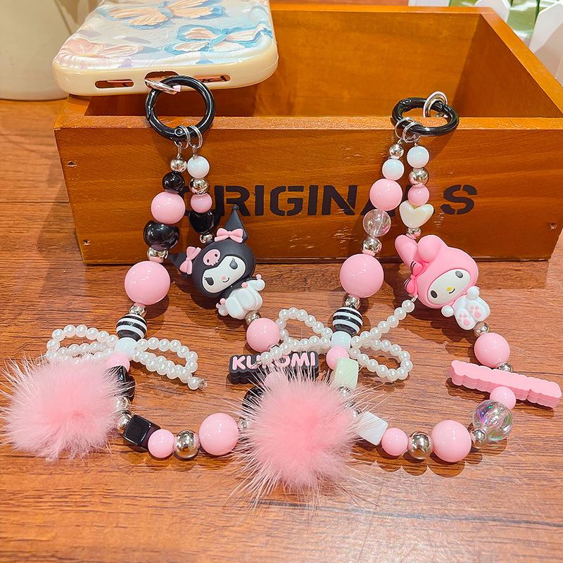 Japan Sanrio Kuromi My Melody Beaded Mobile Phone Chain Cartoon Keychain Bag Pendant Decoration Gift for Girls