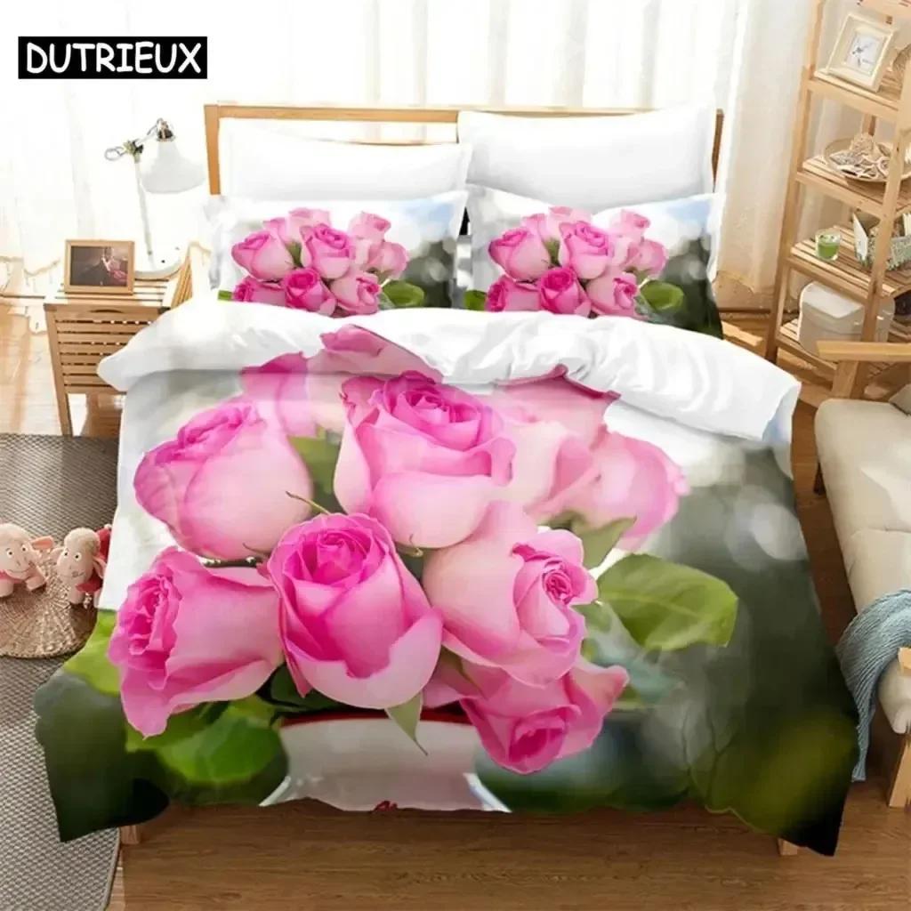 New 3D Print Rose Pink Lovers Comfortable Duvet Quilt Cover Pillowcase Bedding Set Children Bedroom Decoration Home Textile