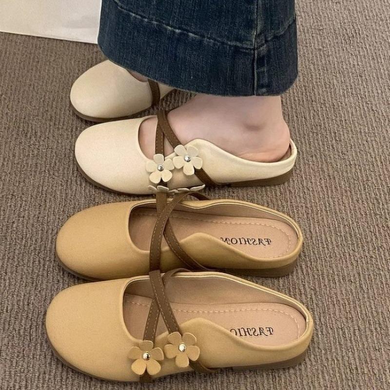Summer Bag Head Flat Bottom One Pedal Lazy Shoes New Round Head Flower Half Slippers with Skirt Versatile Slippers