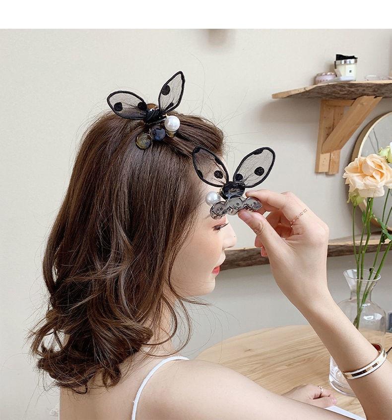 New Super Cute Polka-dot Lace Stereo Rabbit Ears Clip Bangs Broken Hair Clips Pearl Headdress Hairpin Women