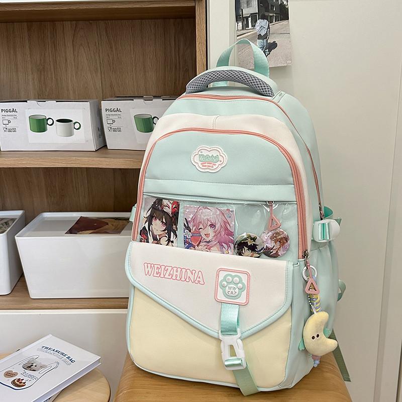 Color Blocked Fashionable Letter Printed Student Backpack With Pendant Daily For