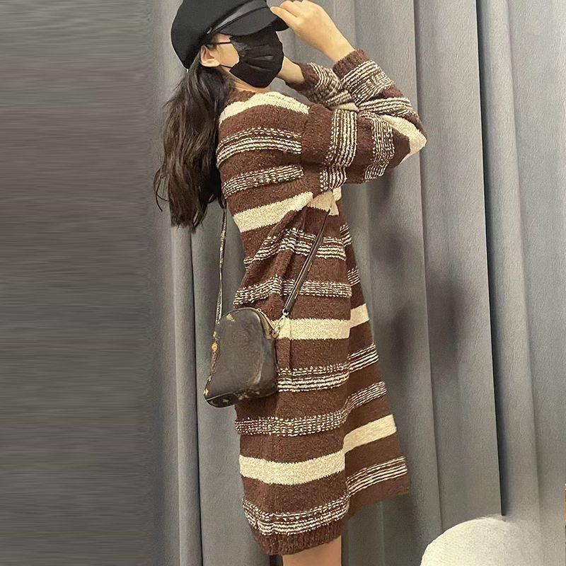 

Модное полосатое вязаное платье-свитер для женщин, свободного кроя и удлиненное, утолщенное и мягкое платье XL кофейный