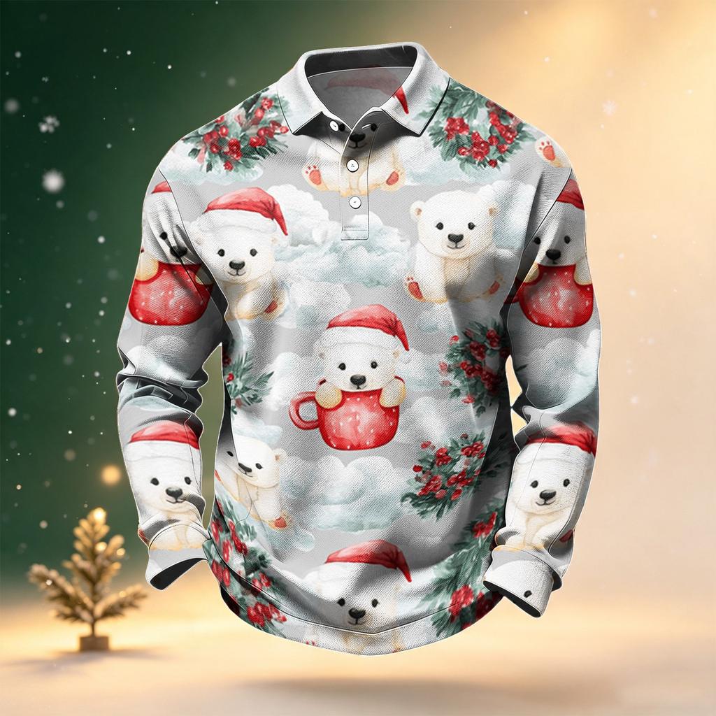 Men's Golf Shirt Long Sleeve Casual Christmas Print Quick-Dry Mesh Top