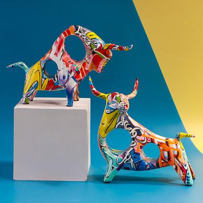Colorful Cattle Animal Ox Statue Home Decor Living Room Bull Sculpture TV Cabinet Ornament Crafts Abstract Figurine