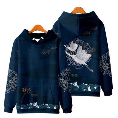 Japanes Harajuku Crane Print Hoodie Sweatshirt Autumn Casual Oversized Hooded Hoodie Hip Hop Pullover Women Men Clothing