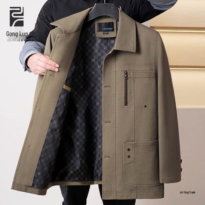 Men's Mid-Aged Full Fleece Jacket - Spring/Autumn Lapel Button Outerwear, Dad's Style Top, Grandpa's Clothing.