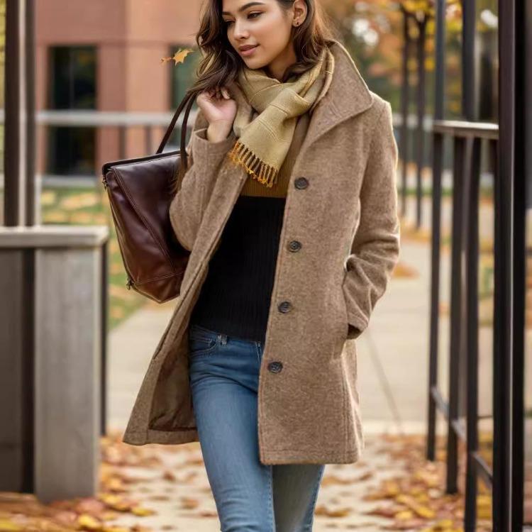 Casaco de Lã Feminino Outono Inverno Retrô Slim Fit Longo Trench Coat
