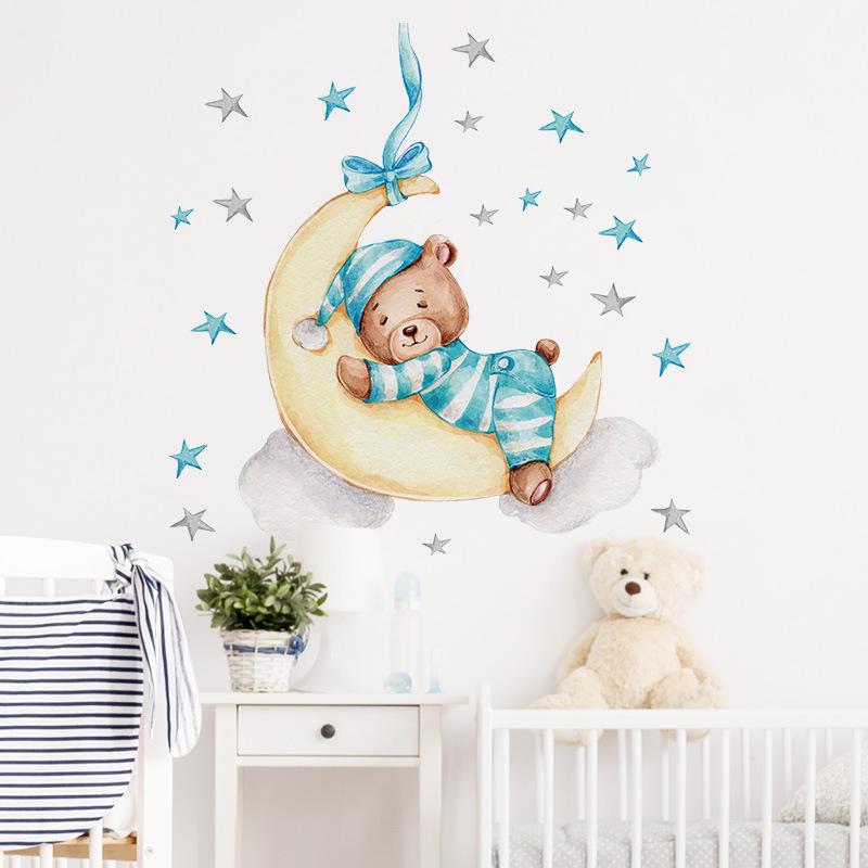 Cartoon Sleepy Bear In Pajamas with Moon Wall Stickers, Self-Adhesive Decor for Kids Room Bedroom Kindergarten Wall Decoration