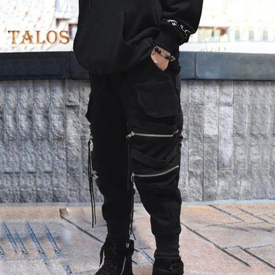 Calça cargo masculina com alça e zíper, decoração solta, faixa no tornozelo, cintura média, cor sólida, multi-hip hop, streetwear, viagem ao ar livre, calças esportivas