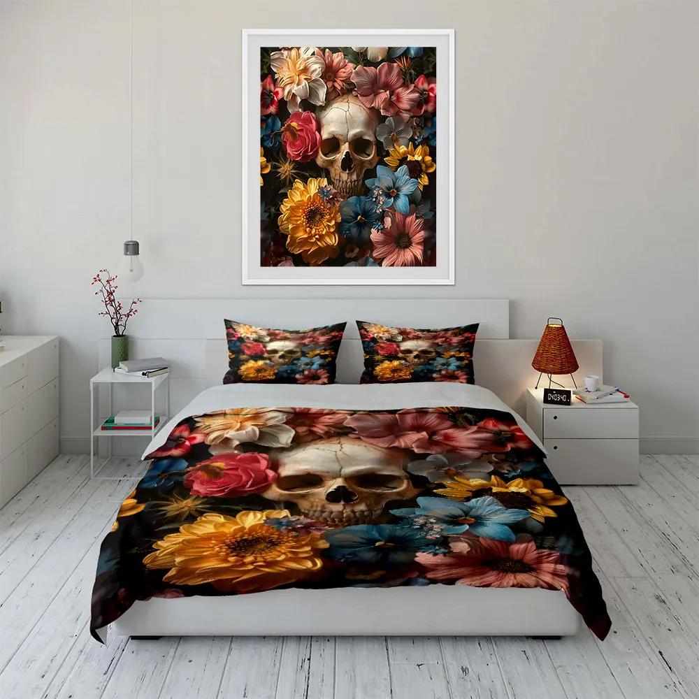 Floral Skull Art Set Decor Soft Comfortable Duvet Cover Bedding Set Included 1*Duvet Cover & 2*Pillowcases, gift