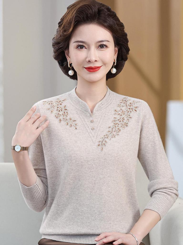100% Pure Wool Knitted Sweater for Women with Cheongsam Collar - Autumn/Winter Style