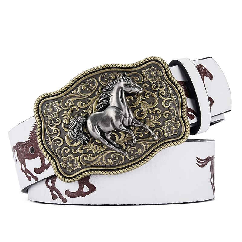 American Western Denim Vintage Carved Buckle Belt Men And Women Animal Pattern Belt Men'S Personality Ethnic Style