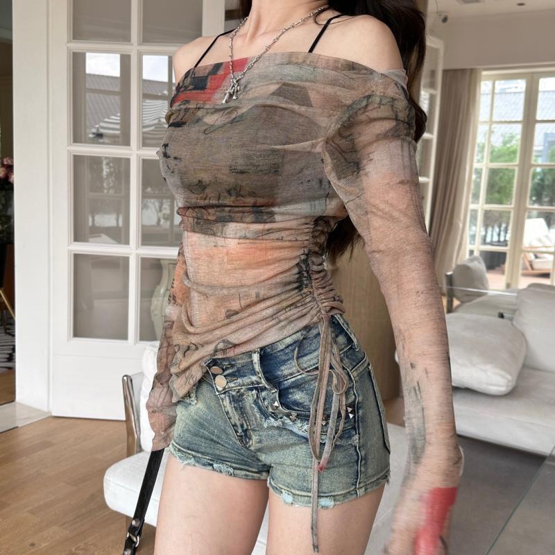 Spicy Girl Style Graffiti Off The Shoulder Mesh Women Slim Fit Versatile Flattering Sheer Irregular Drawstring Retro Long Sleeve Top