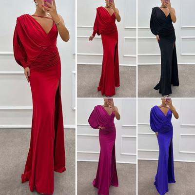 Dammode Aftonklänning Plisserad Hög Slits Djup V-ringning Oversize Asymmetrisk Design Golvlång Enaxel Maxi Klänning Balklänning Cocktailparty Bankettklänning
