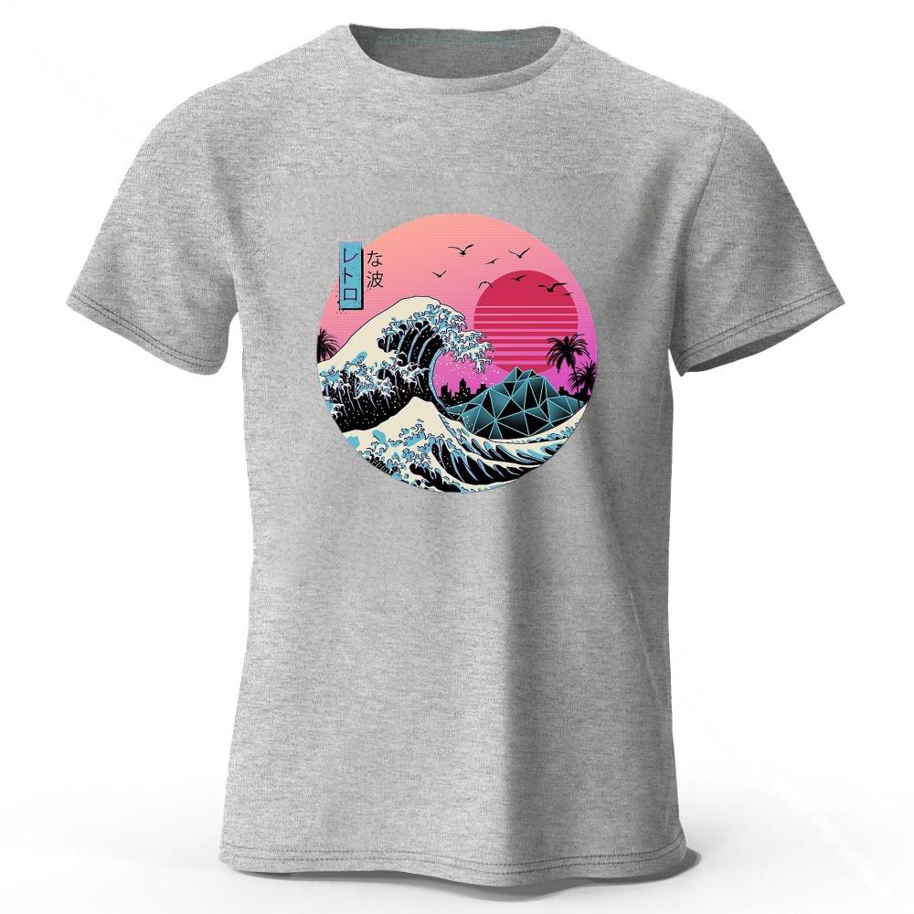 Estética Japonesa Onda Rosa Algodão Puro Manga Curta Masculina Casual Tendência Camiseta Top Solto