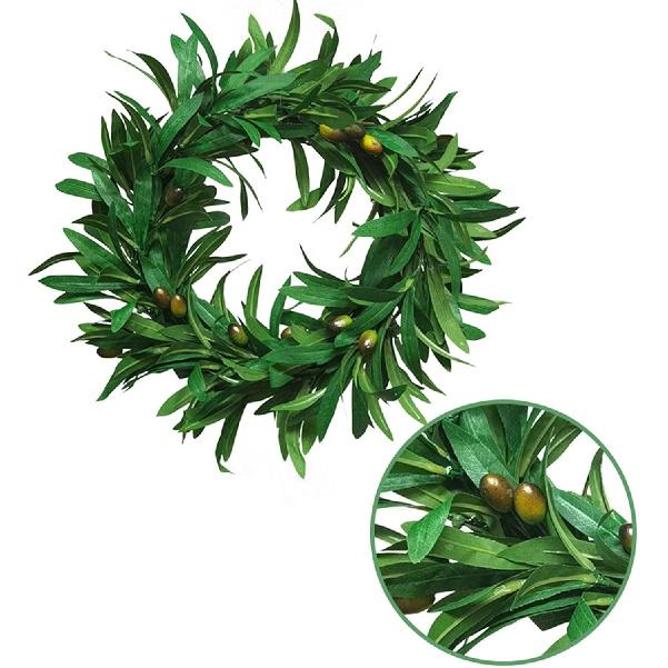 14 Inch Artificial Olive Wreath - Handcrafted Garland Branch Ornaments, Faux Front Door Hanging With Green Leaves and Fruit - Great for Wedding,