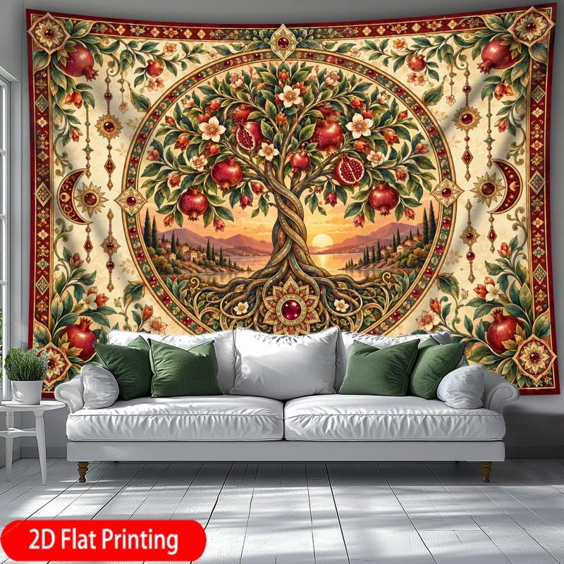 2D Flat - 2D Flat - 2D Flat 1pc Vintage Bohemian Tapestry Pomegranate Tree of Life with Flowers And Sunset Extra Large Size Wall Decor Home Decor Part
