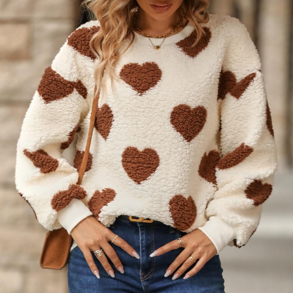 QICED Women's Autumn and Winter Loose Long-sleeved Round-neck Pullover Hoodie with Plush Heart Print