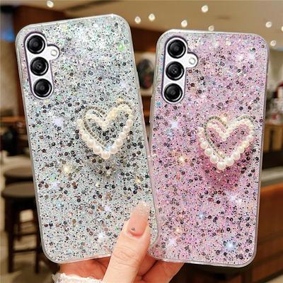 Capa de celular com glitter e lantejoulas 3D Pearl Love Heart para Samsung A05S A25 A35 A55 A14 A24 A34 A54 A13 A23 A33 A22 A32 A52