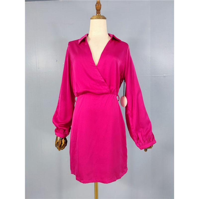 

Export Single French Style Elegance Lapel V Neck Texture Good Goods Long Sleeve Narrow Dress Summer Refreshing Sweet Skirt Rose Red M