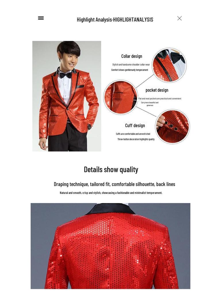 Men's Psy Style Sequin Performance Costume for Emcee, Singer, Choir, or Art Exam