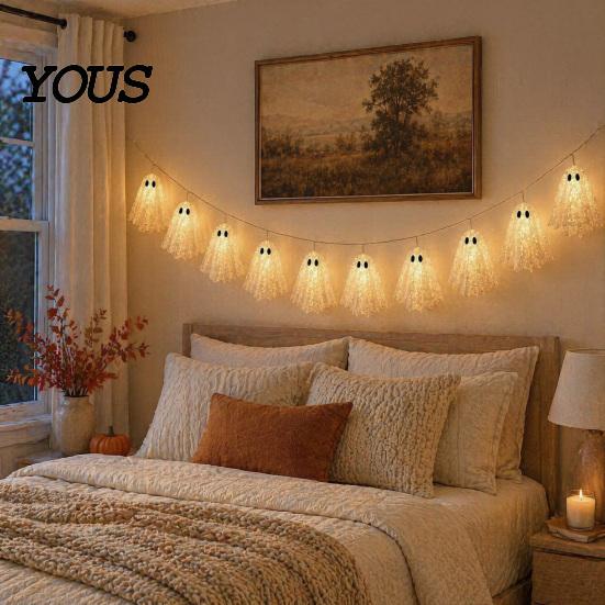 Easy Hanging Ghost String Garland 6.6FT Halloween Light Up Garland, Lace LED Fairy Light, Cozy Autumn Home Decorations Spooky Bunting Banner