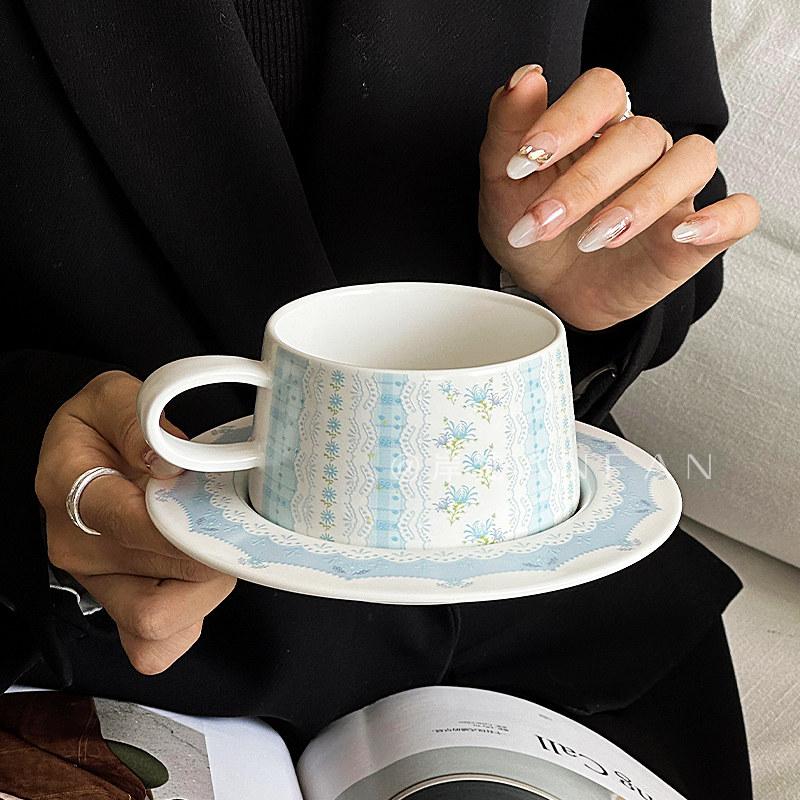 

British Style Coffee Cup Dish Set 2026 New 270ml Large Capacity High End Light Luxury Mugs Flower Pattern Exquisite Dessert Dish 200-400ml синій