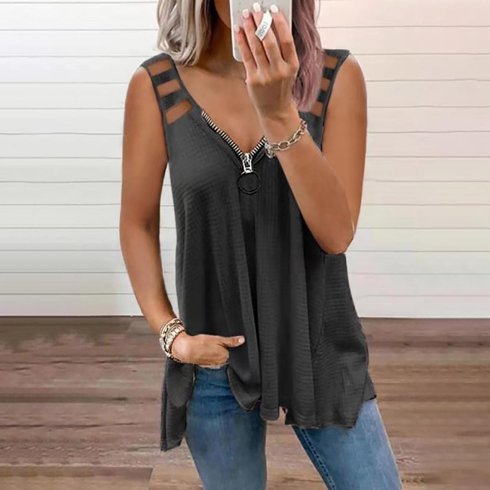 

Women V-neck Sleeveless Hollow Out Tops Tunic Zipper Tank Blouse M чёрный