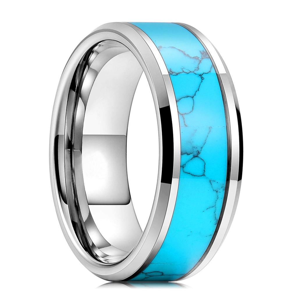 8mm Black Titanium Wedding Ring for Men Women Colorful Abalone Shell and Blue Opal Inlaid Ring Men Wedding Party Jewelry